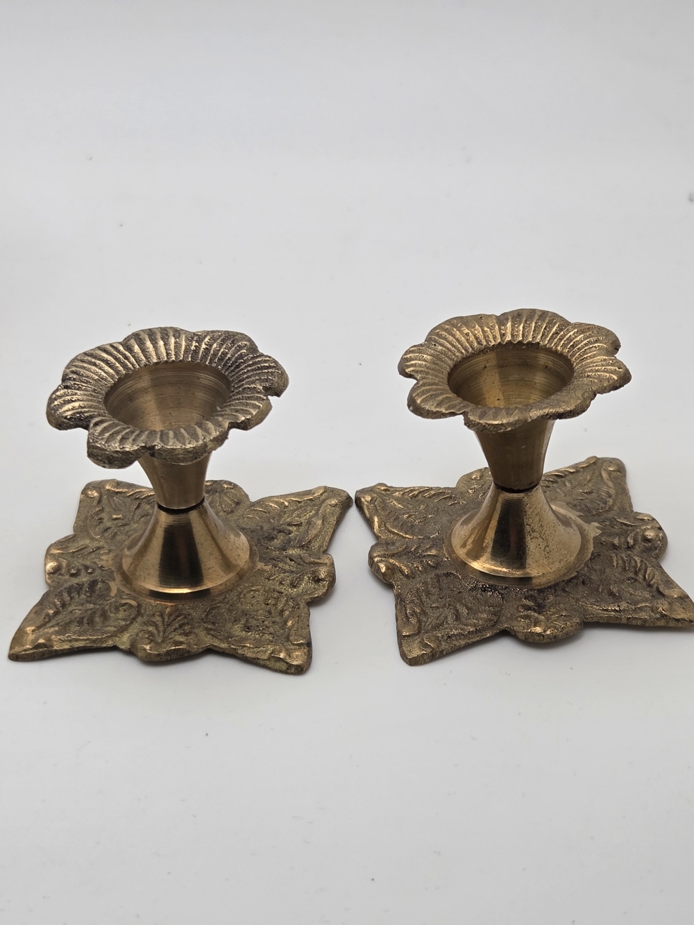 Vintage Brass Floral Rim Candle Holders - Gold Pair